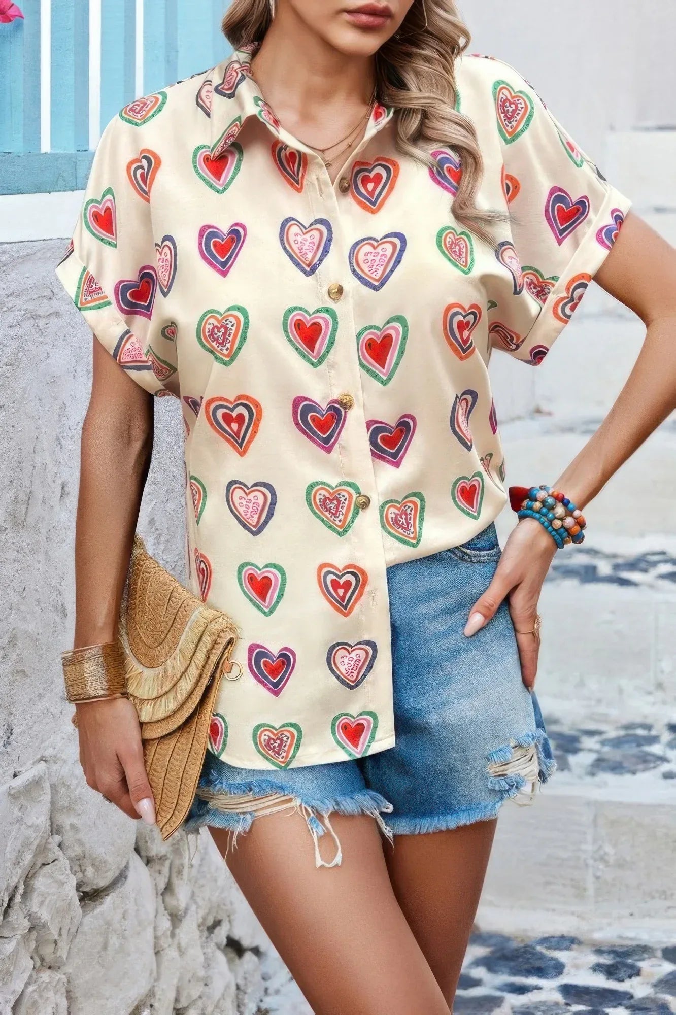 Plus Heart Print Button Down Batwing Sleeve Blouse | Mixtshop LLC Main image