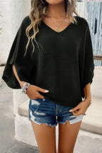 Solid V Neck Knit Loose Fit Bat Sleeves Top | Mixtshop LLC
