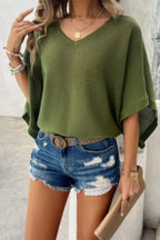 Solid V Neck Knit Loose Fit Bat Sleeves Top | Mixtshop LLC
