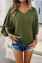 Solid V Neck Knit Loose Fit Bat Sleeves Top | Mixtshop LLC