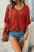 Solid V Neck Knit Loose Fit Bat Sleeves Top | Mixtshop LLC