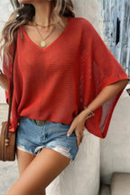 Solid V Neck Knit Loose Fit Bat Sleeves Top | Mixtshop LLC