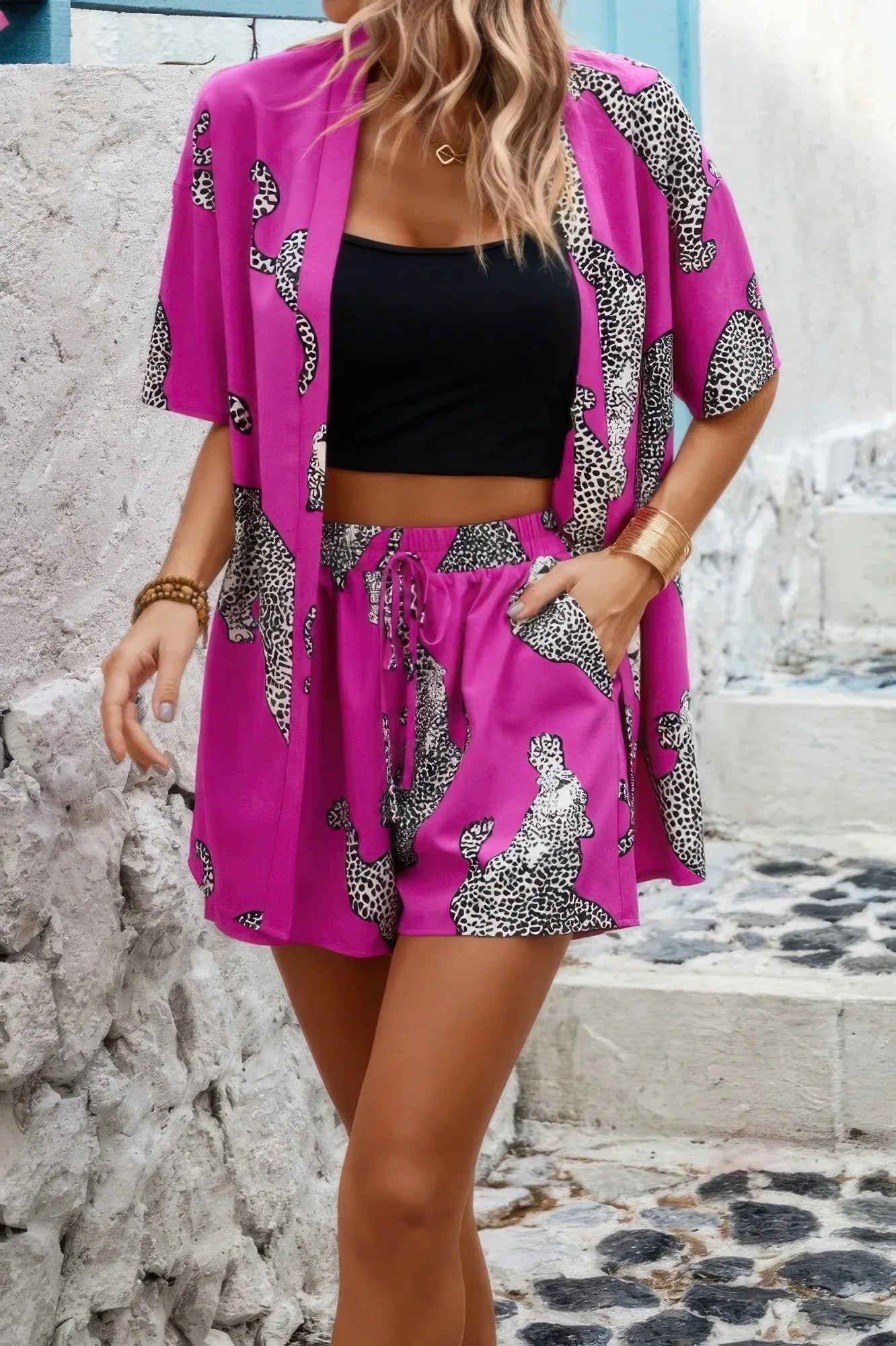 Two Piece Leopard Print Drop Shoulder Pockets Set | Mixtshop LLC Main image
