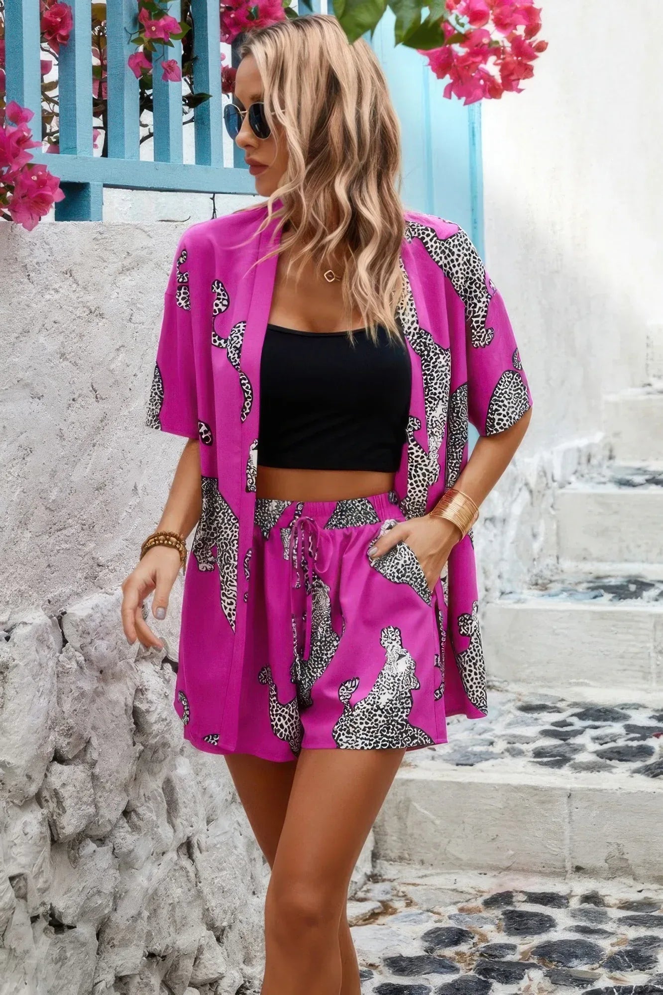 Two Piece Leopard Print Drop Shoulder Pockets Set | Mixtshop LLC