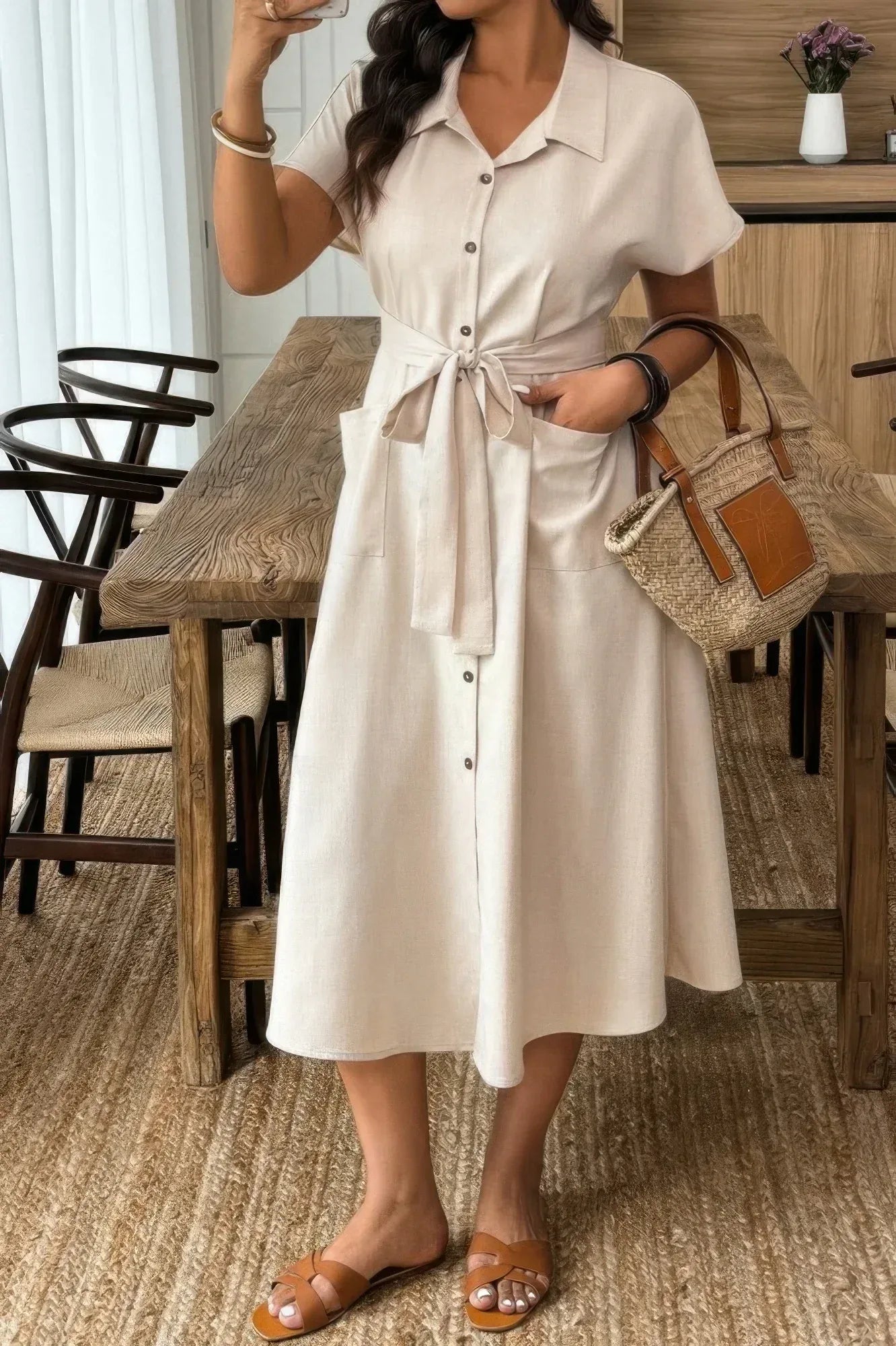 Plus Solid Button Down Straight Belted Shirt Dress Secondary image