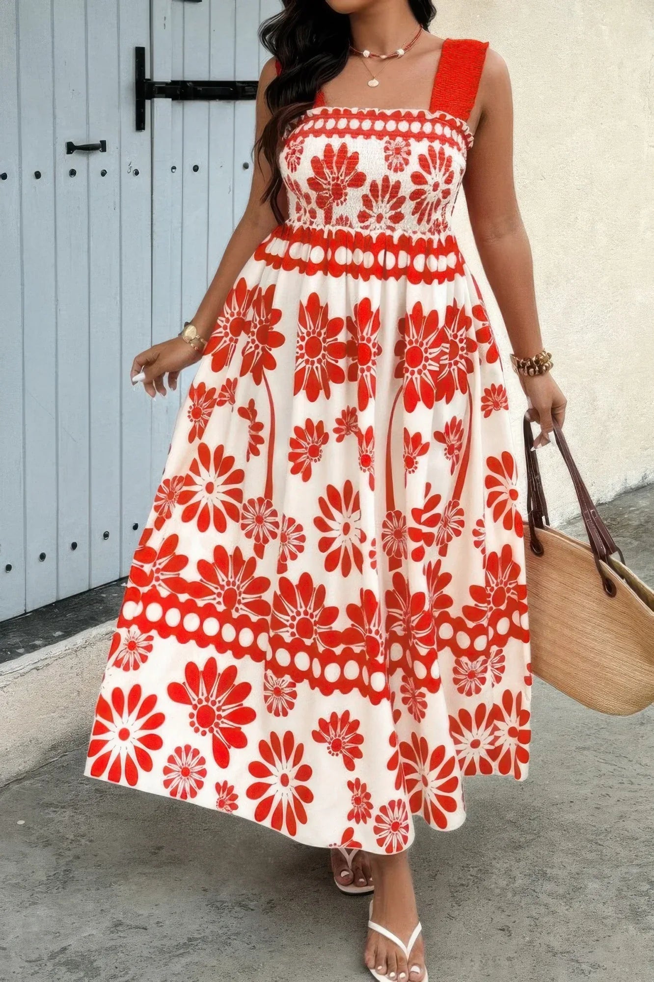 Plus Floral Printed Square Neck Wide Strap Dress | Mixtshop LLC Main image