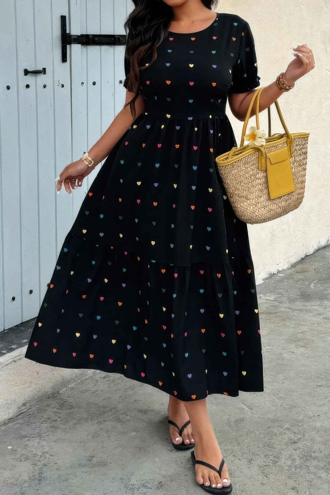 Plus Heart Print Round Neck Ruffle Hem Dress | Mixtshop LLC Main image