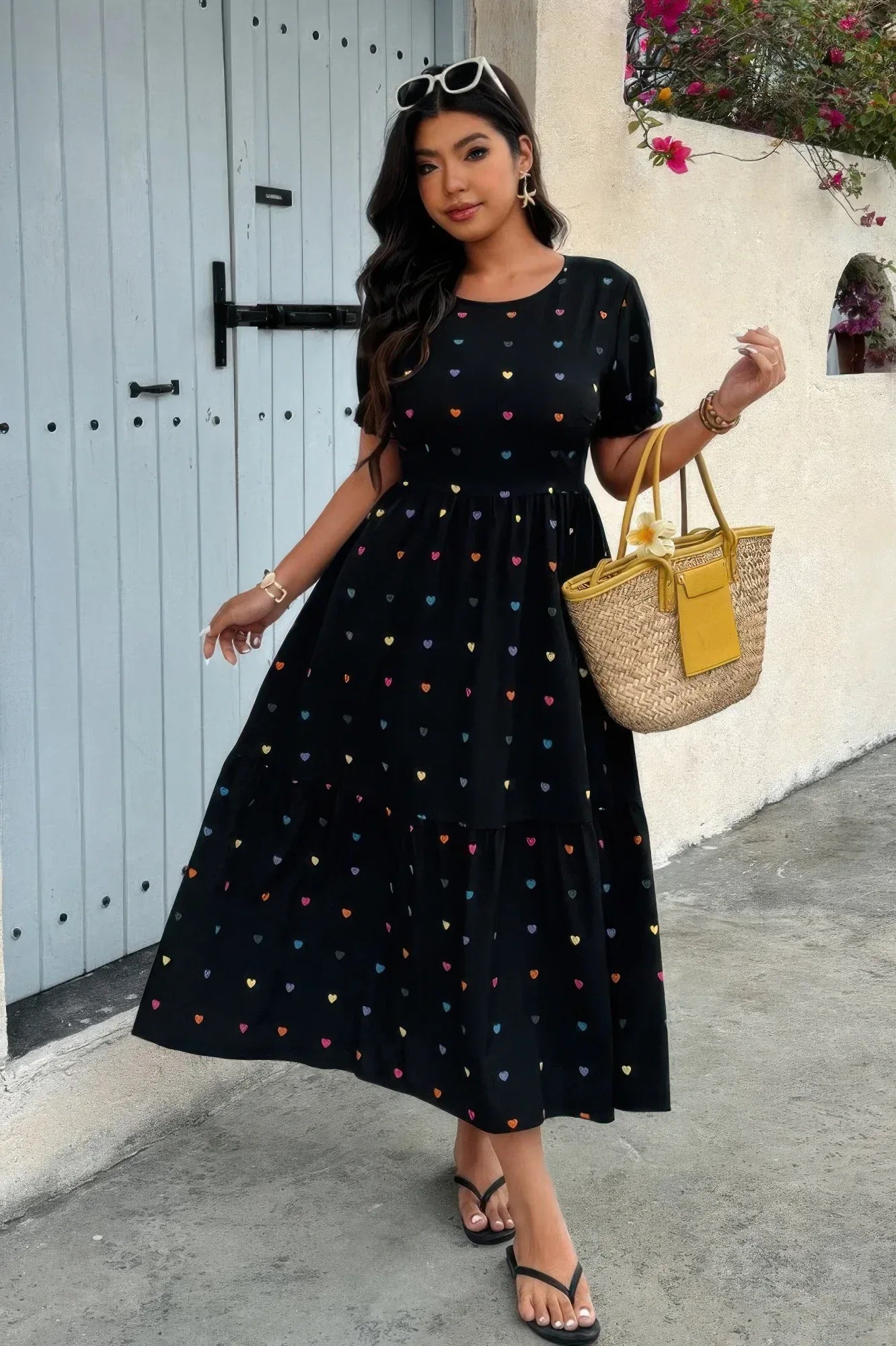 Plus Heart Print Round Neck Ruffle Hem Dress Secondary image