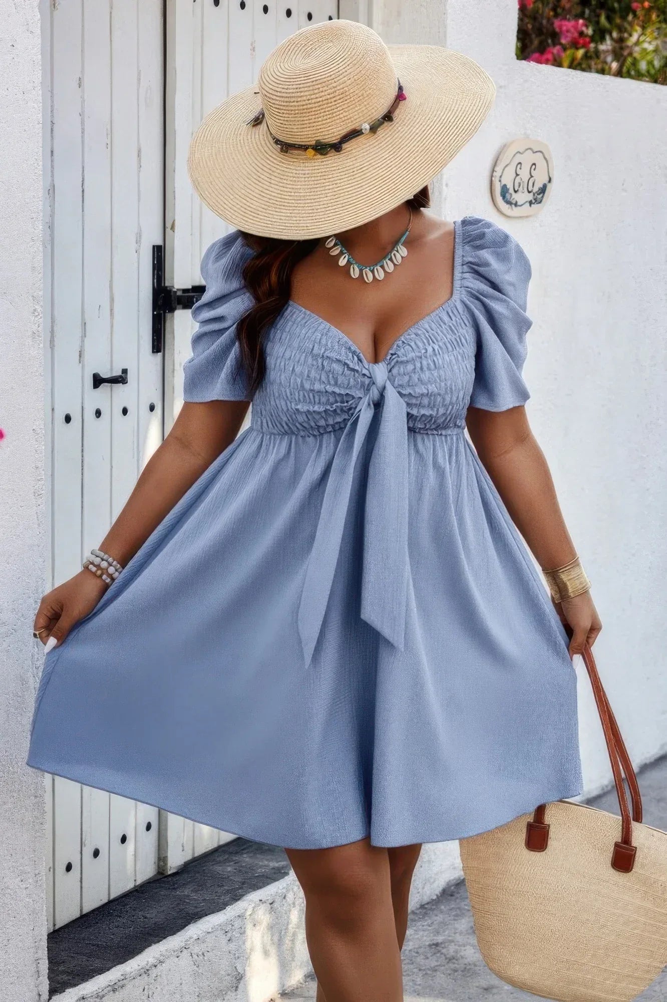 Plus Solid Front Knot Short Puff Sleeve Fit Dress Secondary image