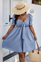Plus Solid Front Knot Short Puff Sleeve Fit Dress | Mixtshop LLC