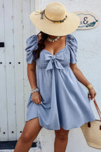 Plus Solid Front Knot Short Puff Sleeve Fit Dress | Mixtshop LLC