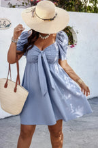 Plus Solid Front Knot Short Puff Sleeve Fit Dress | Mixtshop LLC