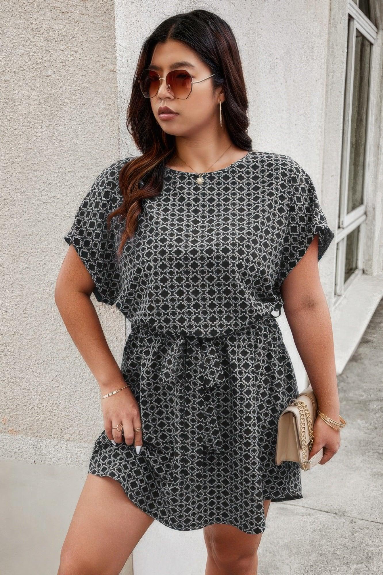 Plus Round Neck Printed Batwing Sleeve Loose Dress | Mixtshop LLC