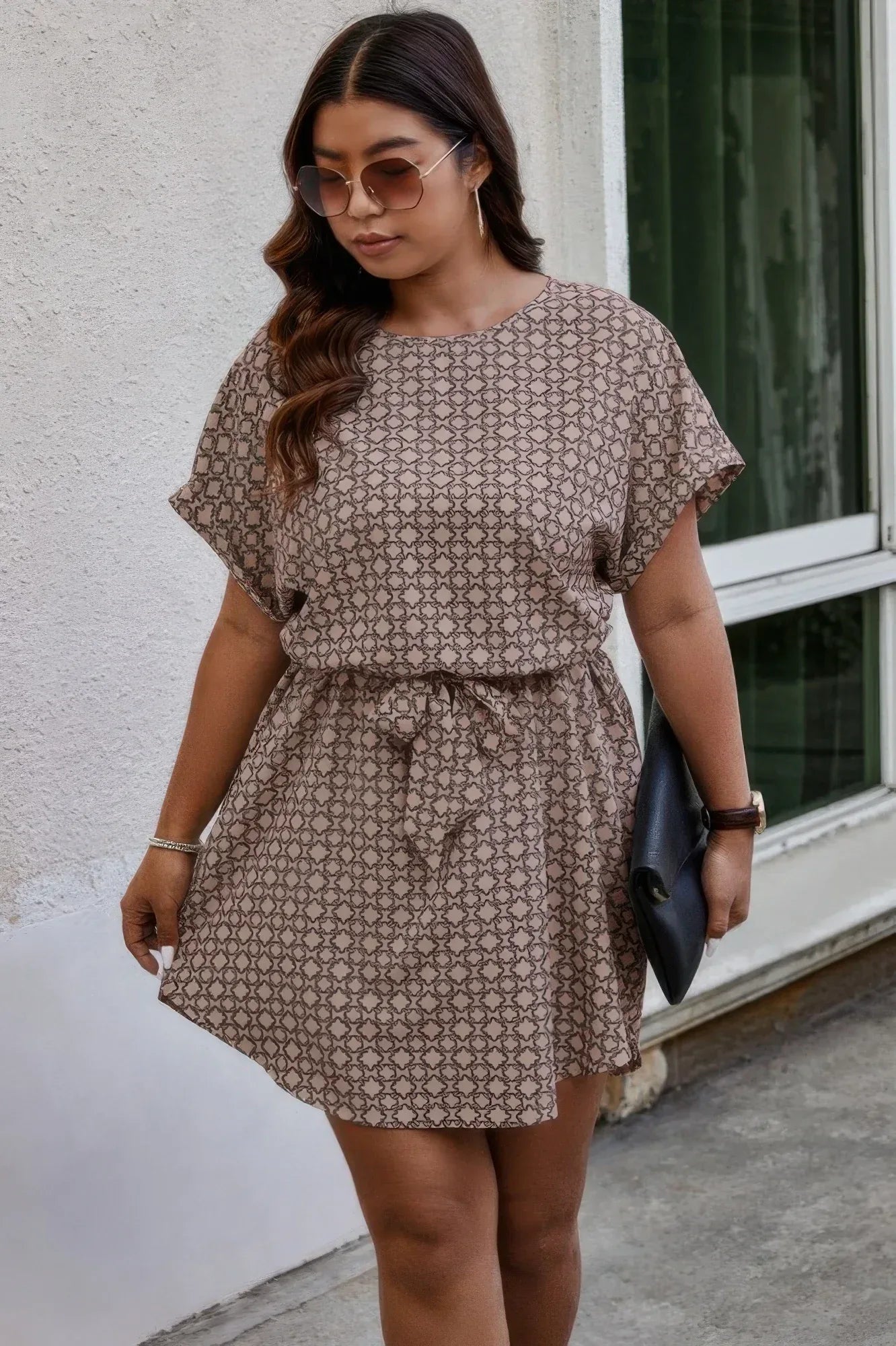 Plus Round Neck Printed Batwing Sleeve Loose Dress | Mixtshop LLC