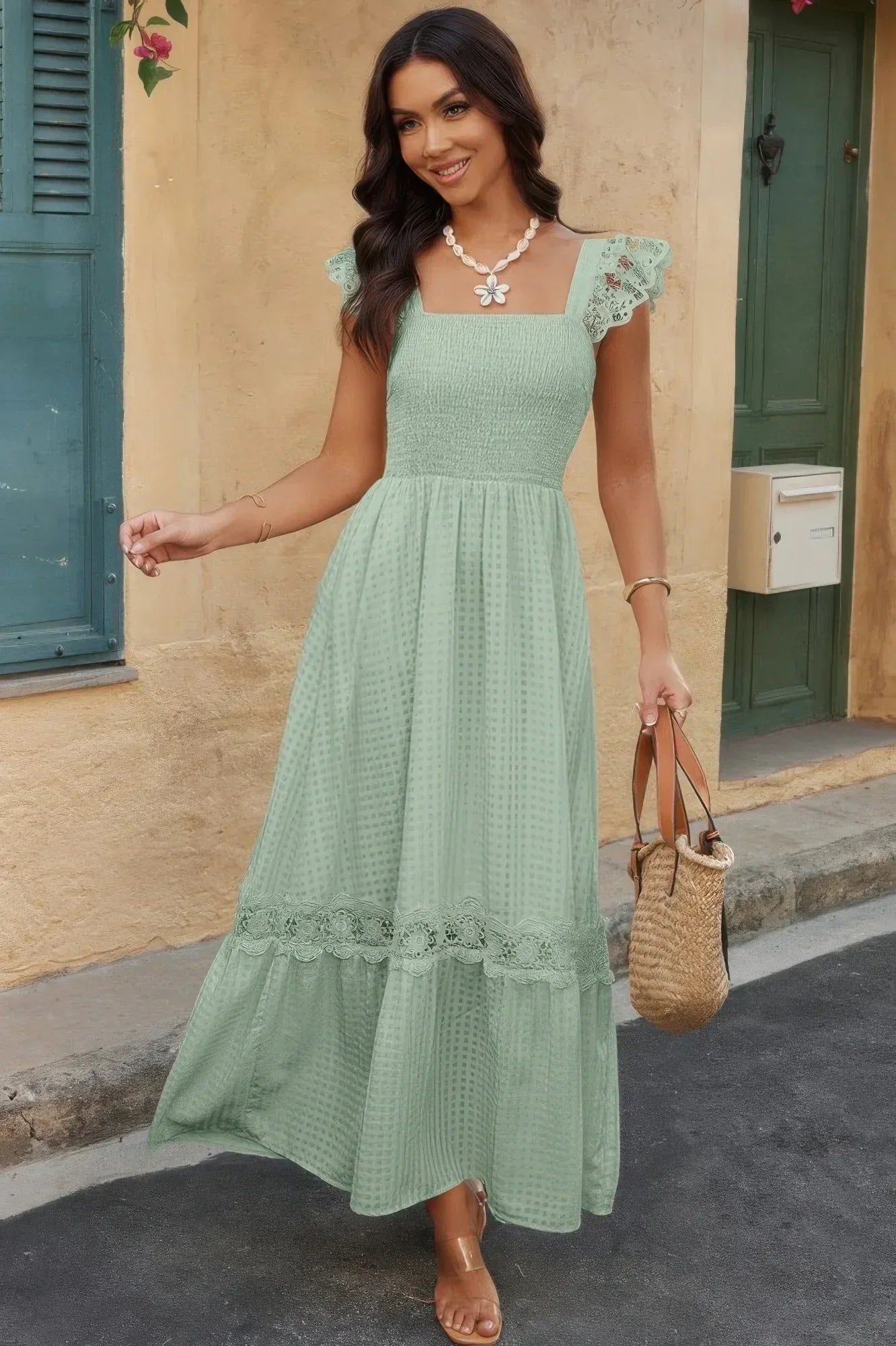 Solid Sleeveless Lace Patchwork Textured Dress | Mixtshop LLC