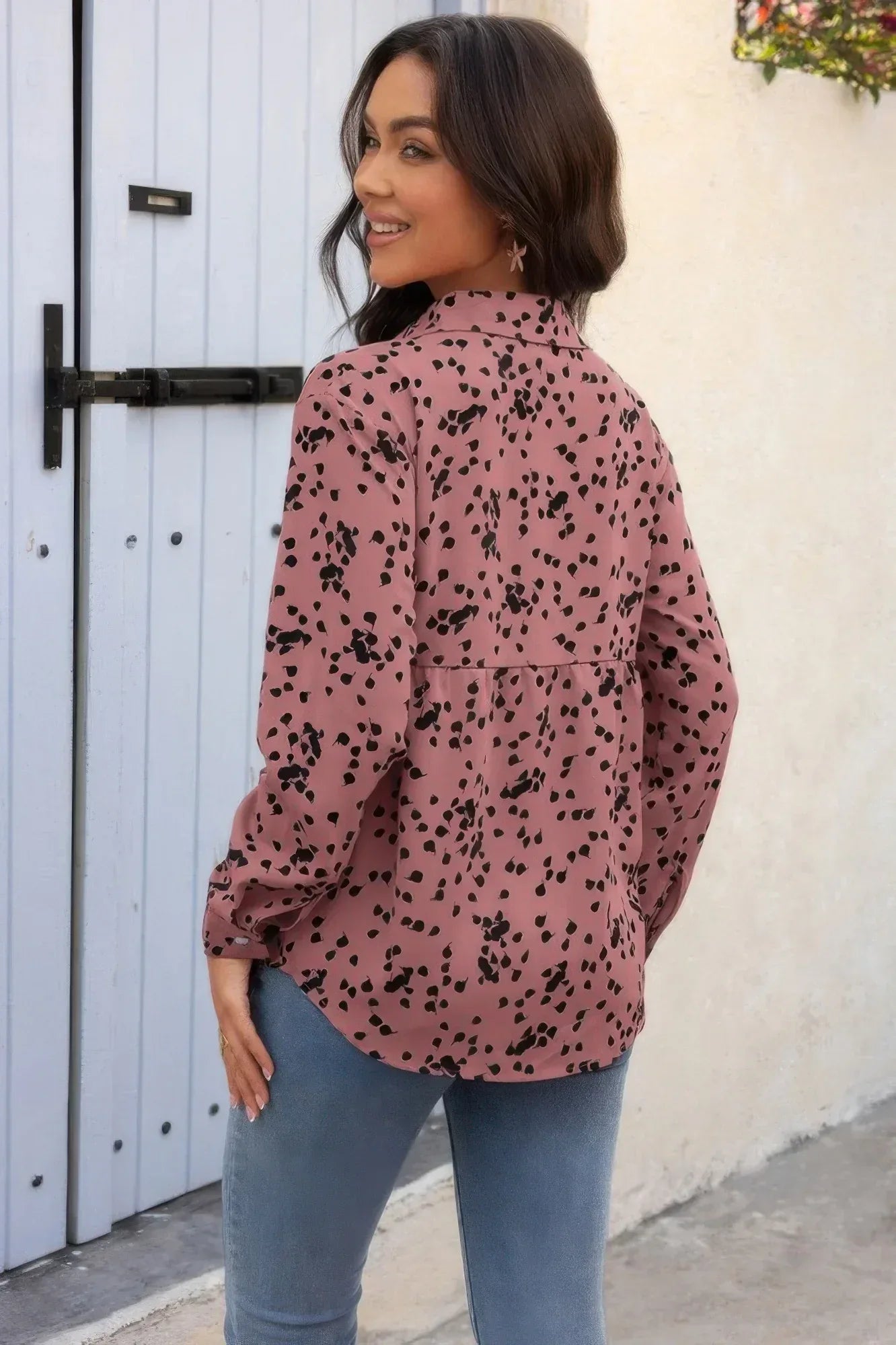 Allover Print V Neck Button Down Loose Blouse | Mixtshop LLC
