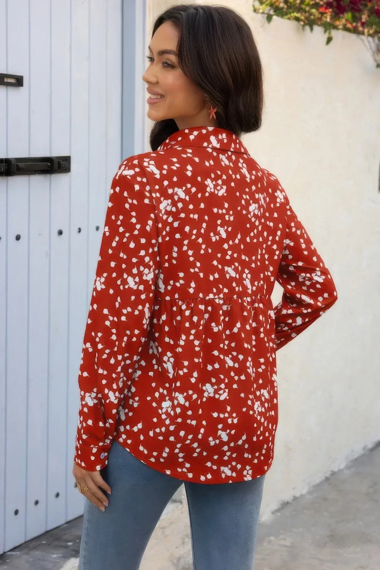 Allover Print V Neck Button Down Loose Blouse | Mixtshop LLC