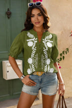 V Neck Boho Puff Short Sleeve Button Down Shirt | Mixtshop LLC