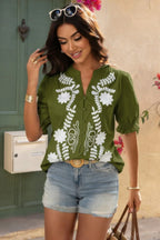 V Neck Boho Puff Short Sleeve Button Down Shirt | Mixtshop LLC
