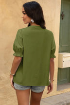 V Neck Boho Puff Short Sleeve Button Down Shirt | Mixtshop LLC