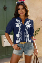 V Neck Boho Puff Short Sleeve Button Down Shirt | Mixtshop LLC