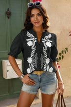 V Neck Boho Puff Short Sleeve Button Down Shirt | Mixtshop LLC