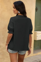V Neck Boho Puff Short Sleeve Button Down Shirt | Mixtshop LLC