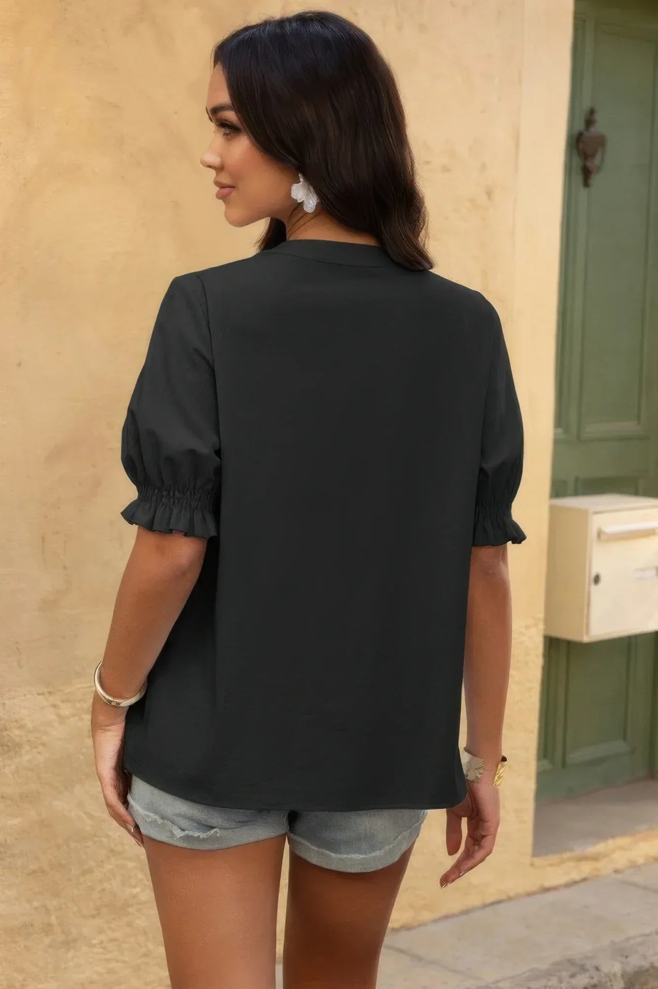 V Neck Boho Puff Short Sleeve Button Down Shirt | Mixtshop LLC