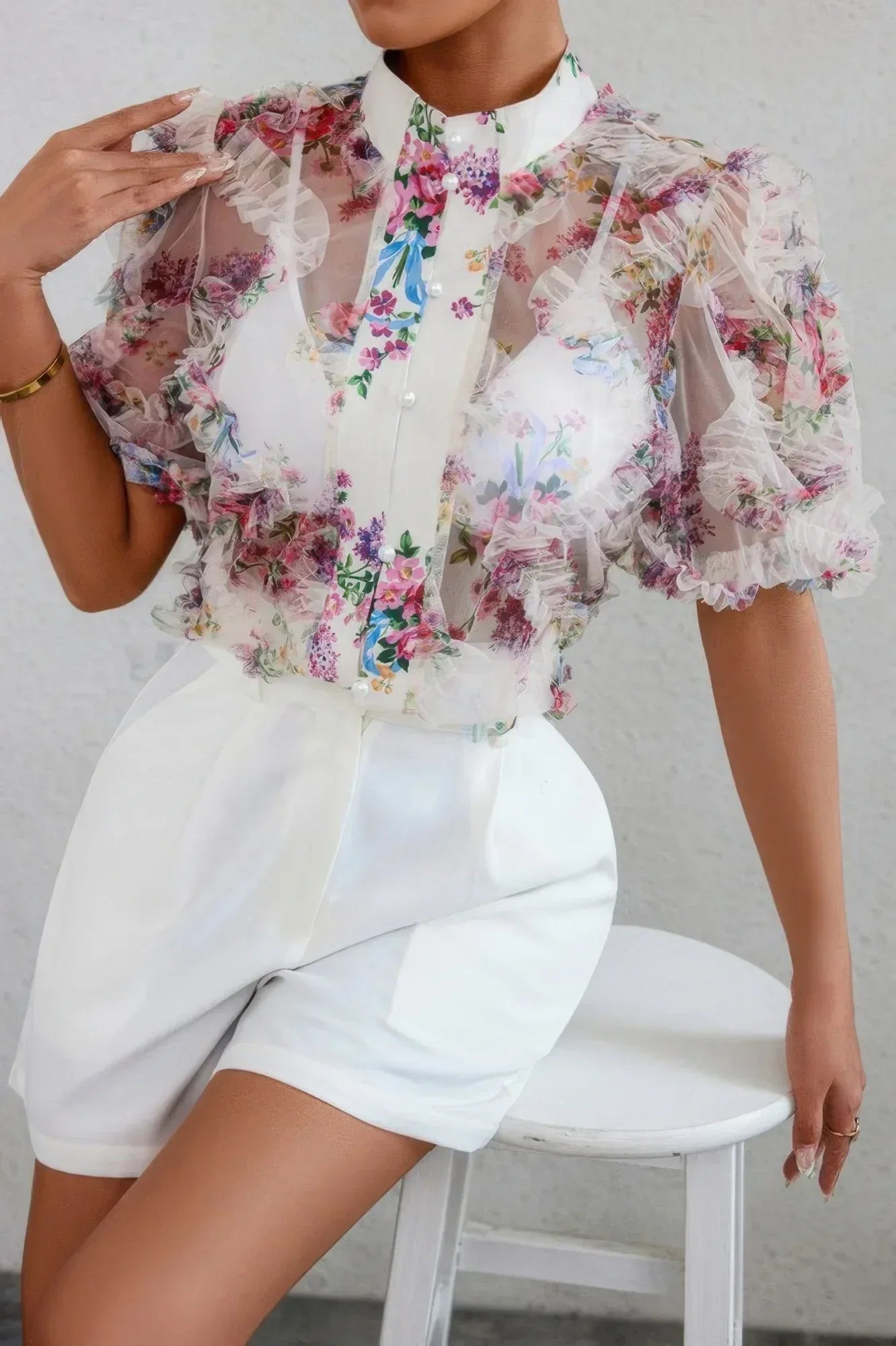 Allover Print See Through Collar Puff Sleeve Shirt | Mixtshop LLC