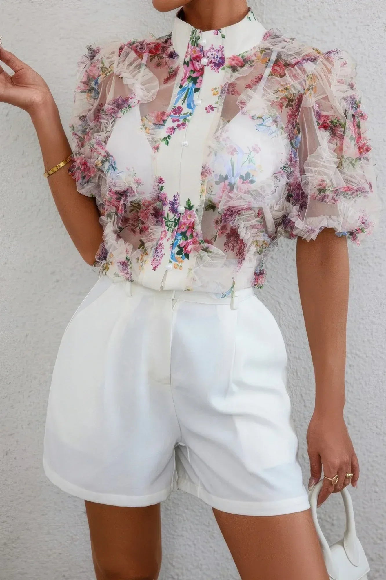 Allover Print See Through Collar Puff Sleeve Shirt | Mixtshop LLC