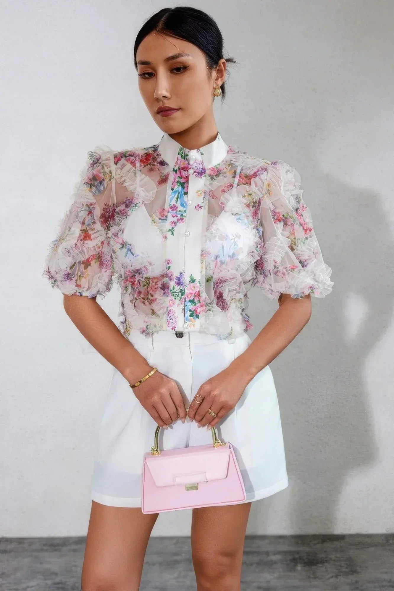 Allover Print See Through Collar Puff Sleeve Shirt | Mixtshop LLC
