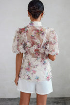 Allover Print See Through Collar Puff Sleeve Shirt | Mixtshop LLC