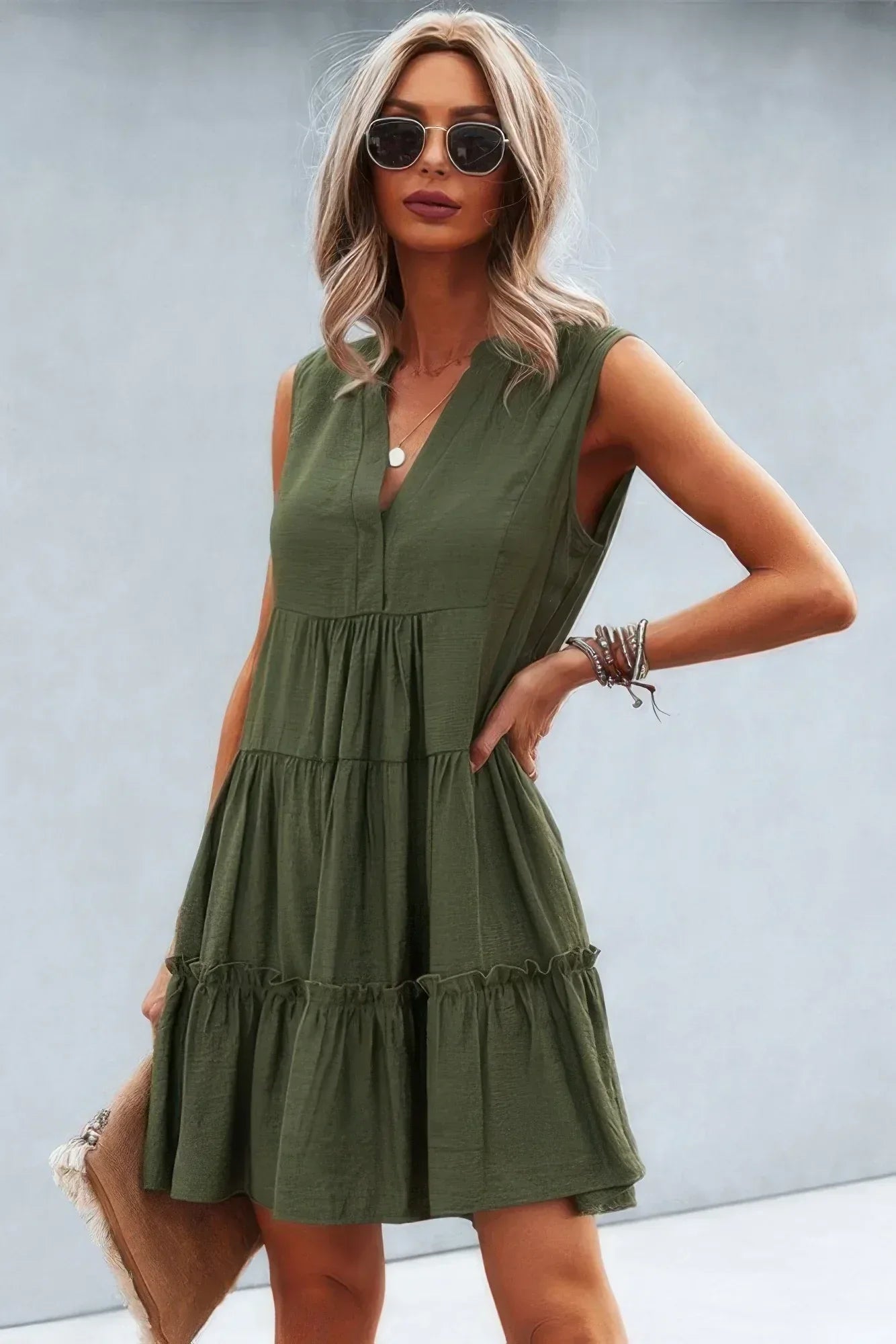 Solid V Neck Flat Collar Tiered Shift Dress | Mixtshop LLC