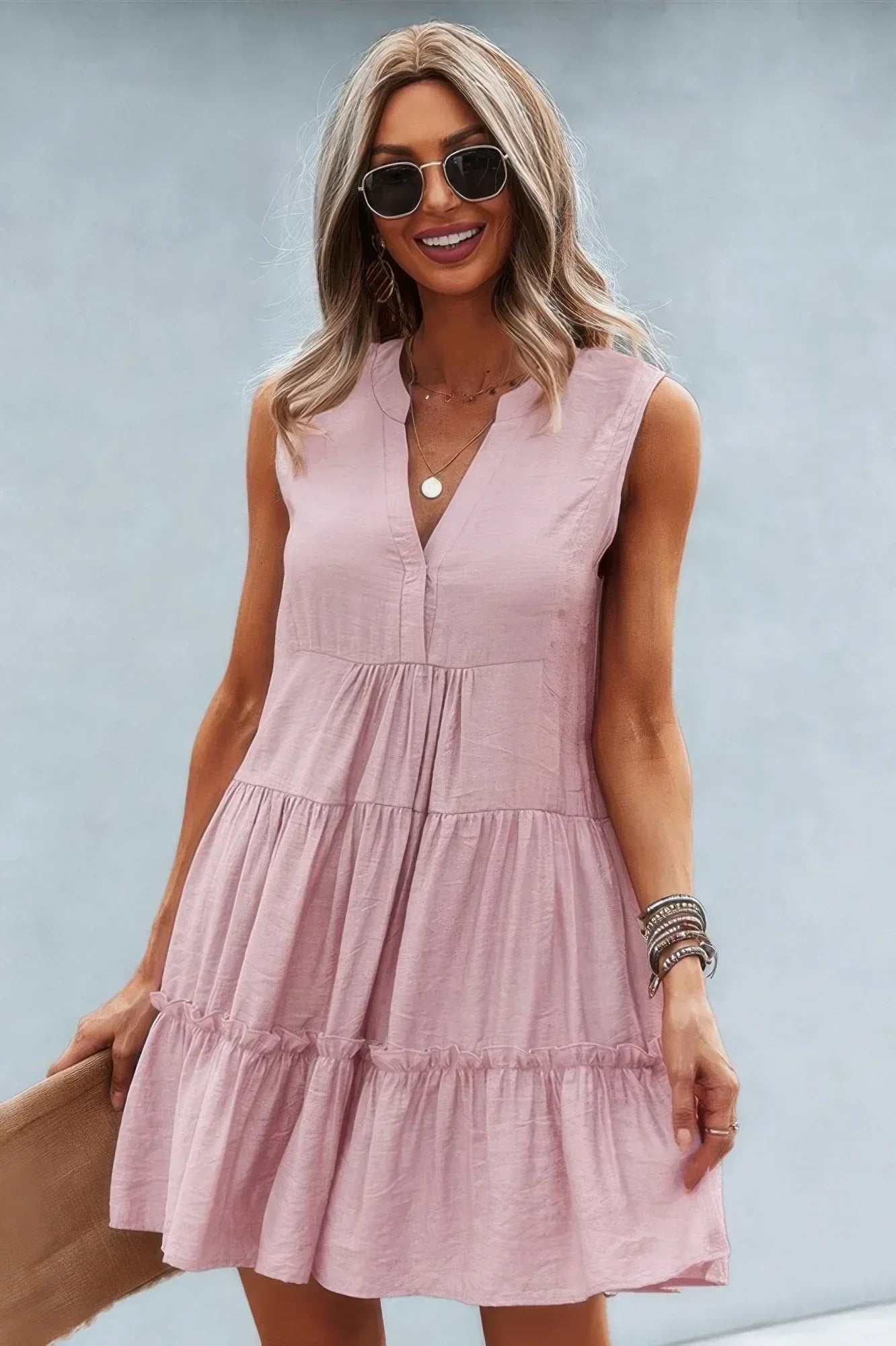 Solid V Neck Flat Collar Tiered Shift Dress | Mixtshop LLC