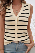 Strip Deep V Neck Knit Button Trim Sleeveless Vest | Mixtshop LLC
