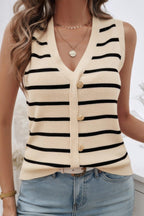 Strip Deep V Neck Knit Button Trim Sleeveless Vest | Mixtshop LLC