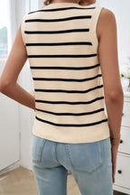 Strip Deep V Neck Knit Button Trim Sleeveless Vest | Mixtshop LLC