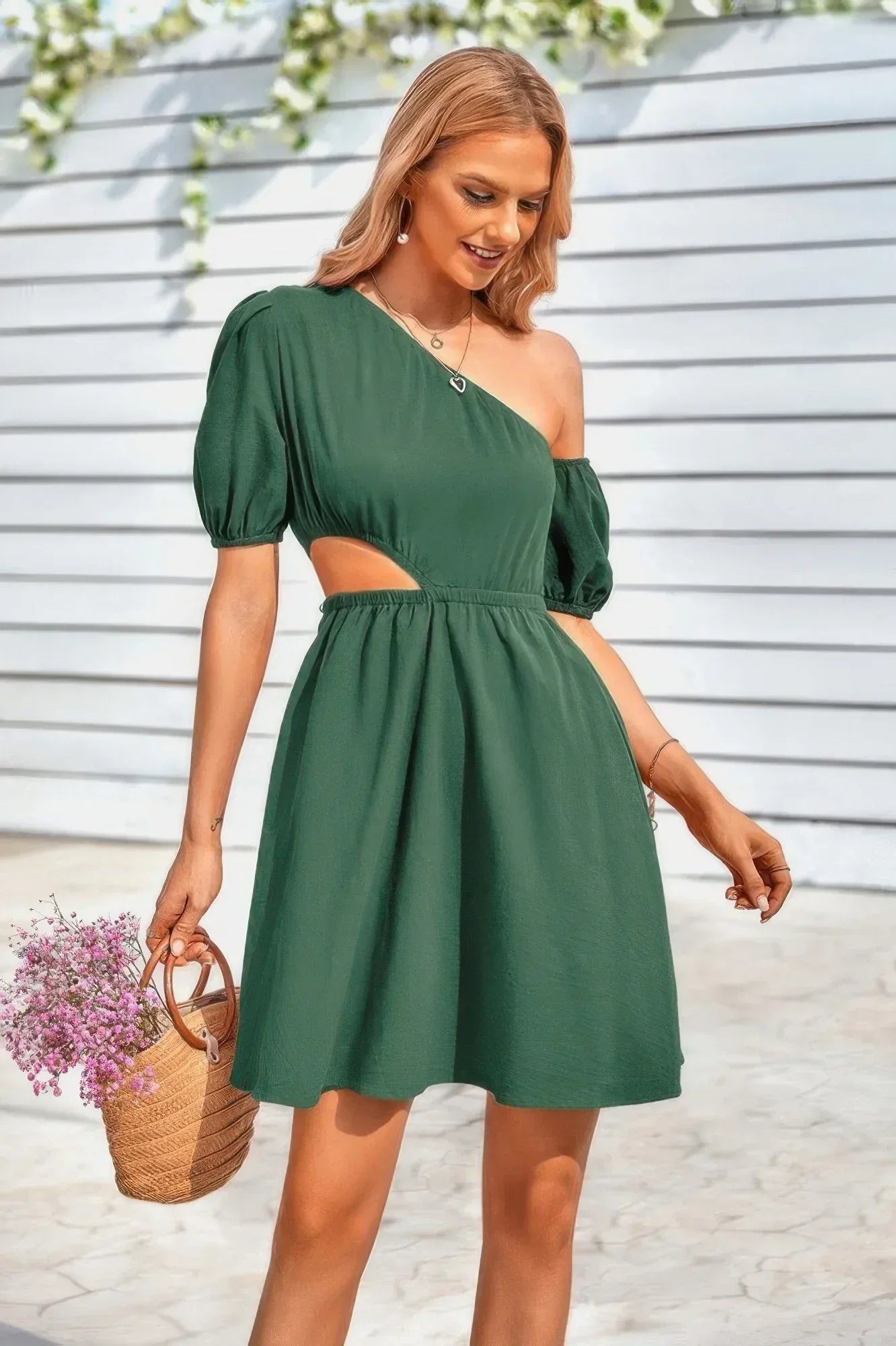 One Shoulder Puff Sleeve Fit Flare Short Dress | Mixtshop LLC Main image