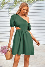 One Shoulder Puff Sleeve Fit Flare Short Dress | Mixtshop LLC