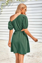 One Shoulder Puff Sleeve Fit Flare Short Dress | Mixtshop LLC