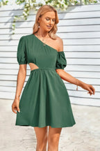 One Shoulder Puff Sleeve Fit Flare Short Dress | Mixtshop LLC