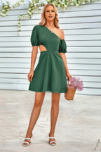 One Shoulder Puff Sleeve Fit Flare Short Dress | Mixtshop LLC