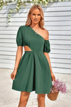 One Shoulder Puff Sleeve Fit Flare Short Dress | Mixtshop LLC