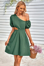 One Shoulder Puff Sleeve Fit Flare Short Dress | Mixtshop LLC