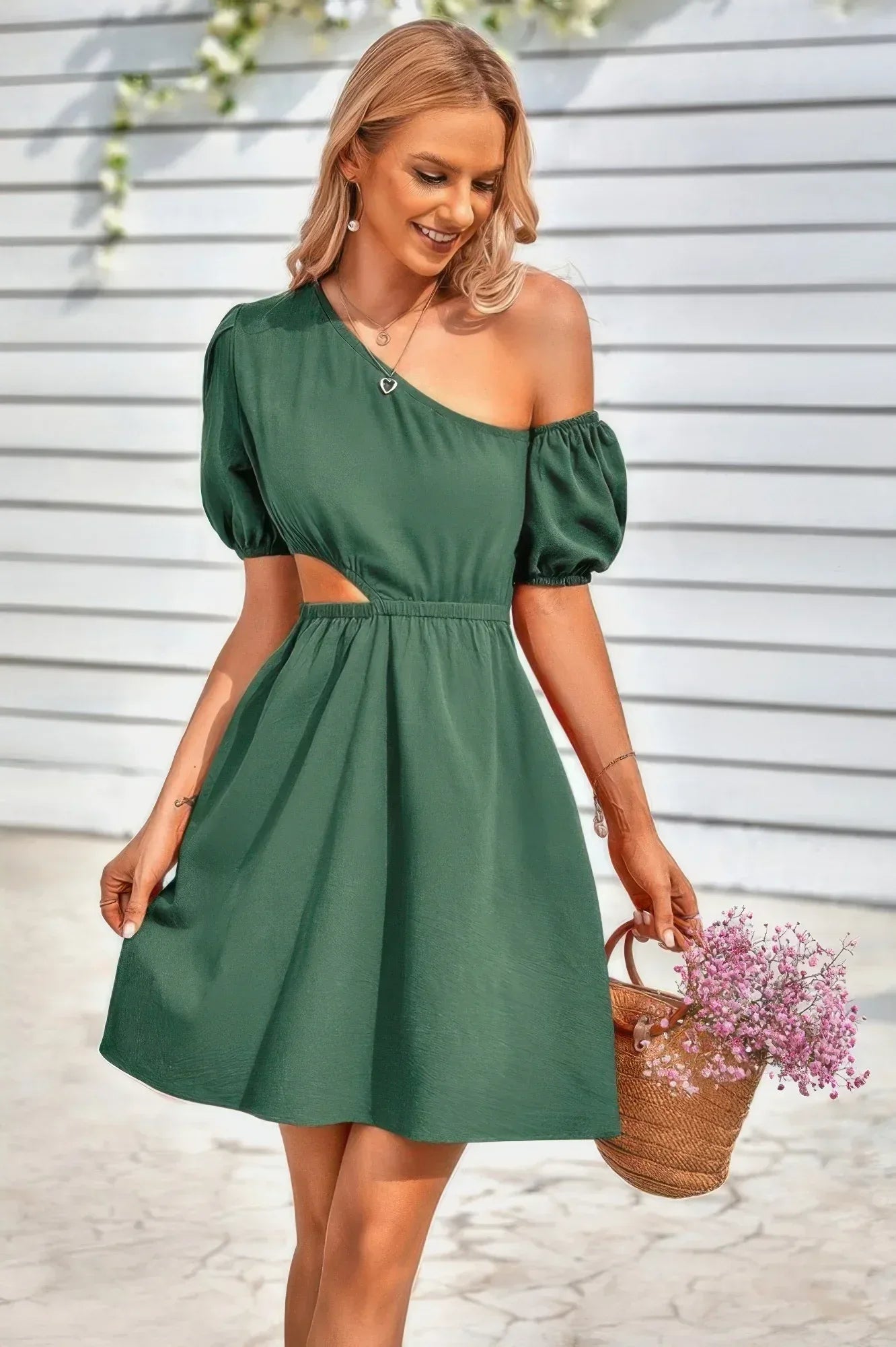 One Shoulder Puff Sleeve Fit Flare Short Dress | Mixtshop LLC