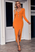 Cut Out V Neck Long Sleeves Slit Bodycon Dress | Mixtshop LLC