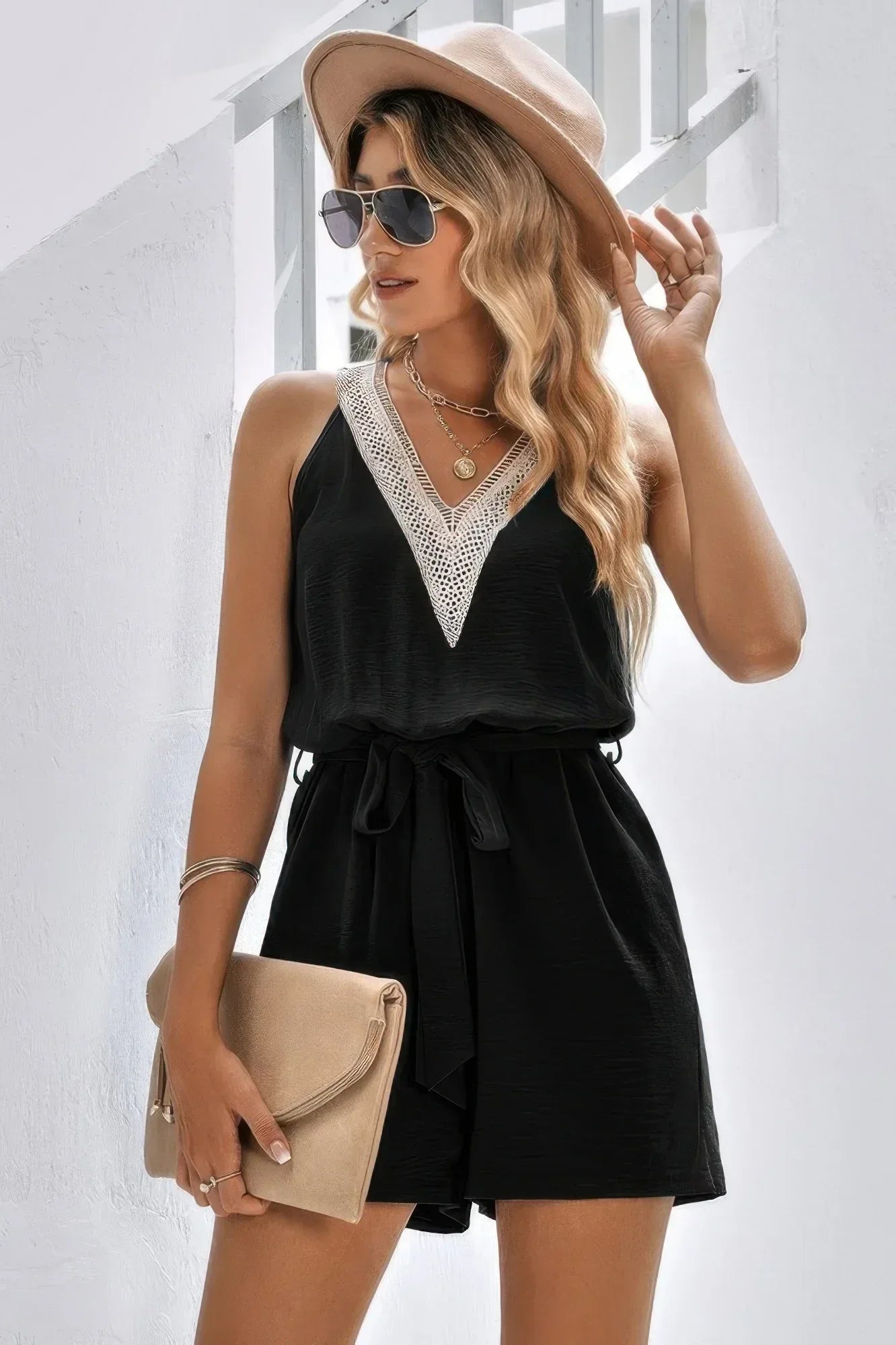 Lace Trim V Neck Sleeveless Tank Romper | Mixtshop LLC Main image