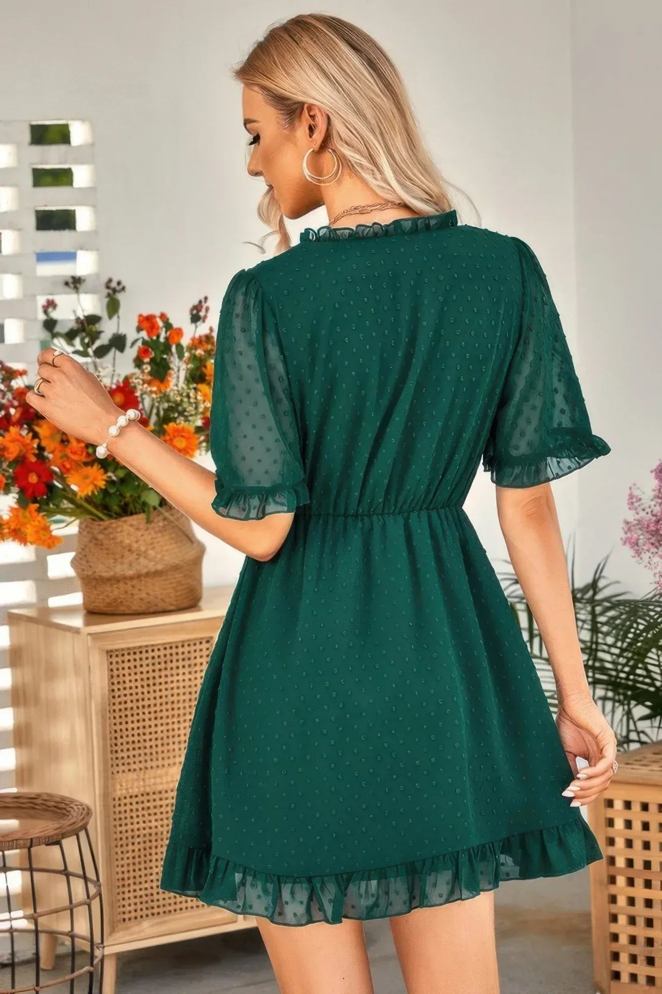 Solid Ruffle Hem Swiss Dot Short Sleeve Midi Dress | Mixtshop LLC