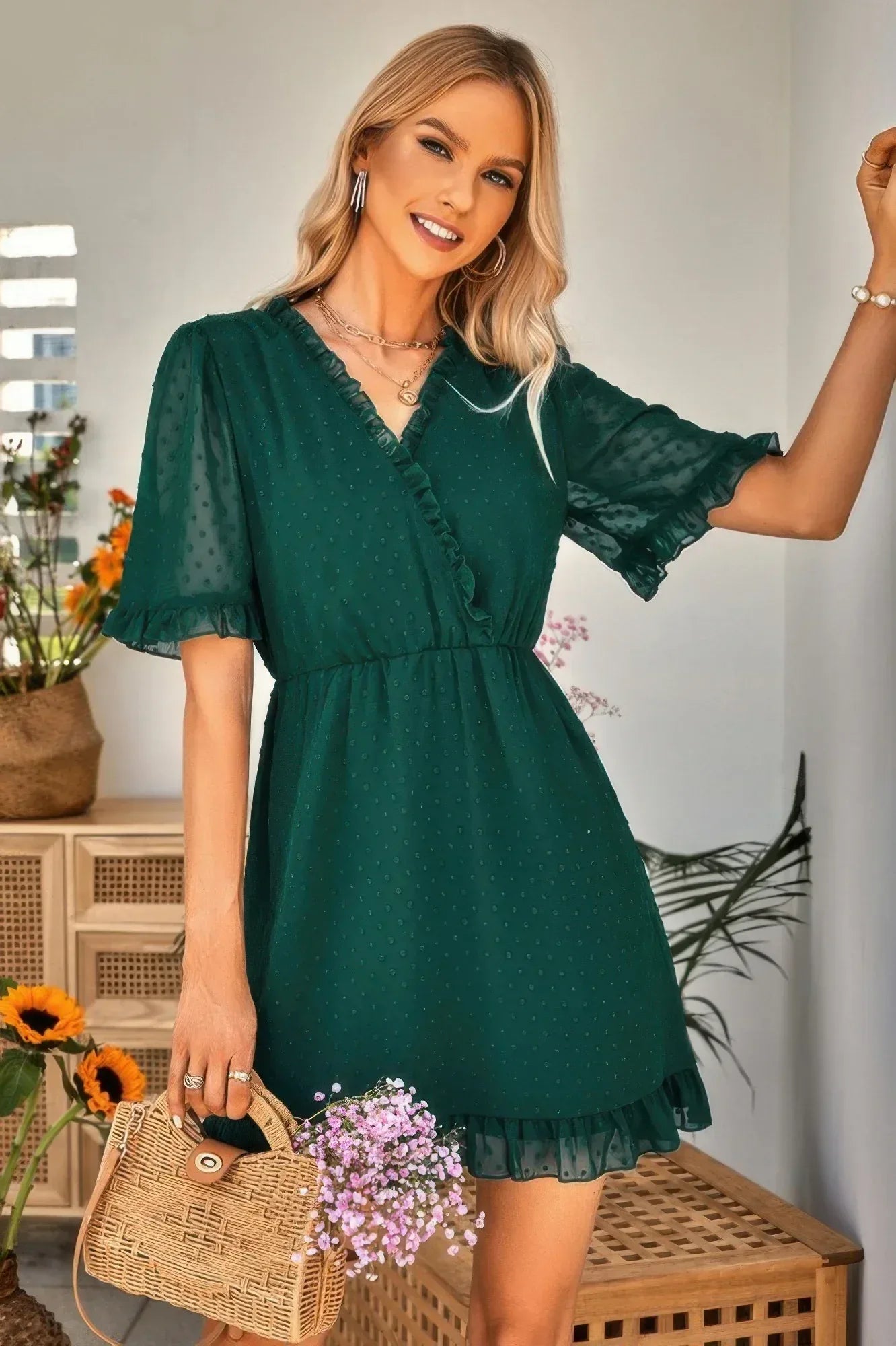 Solid Ruffle Hem Swiss Dot Short Sleeve Midi Dress | Mixtshop LLC