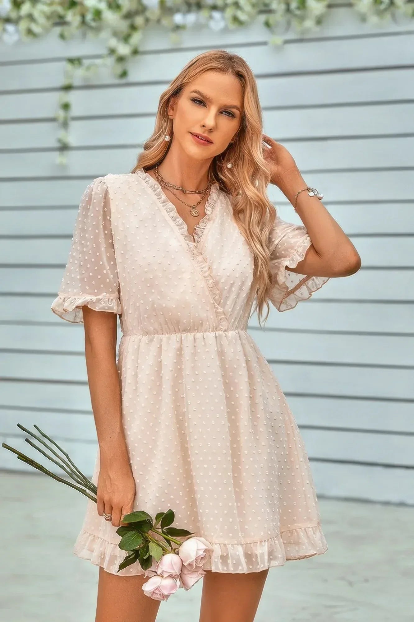 Solid Ruffle Hem Swiss Dot Short Sleeve Midi Dress | Mixtshop LLC